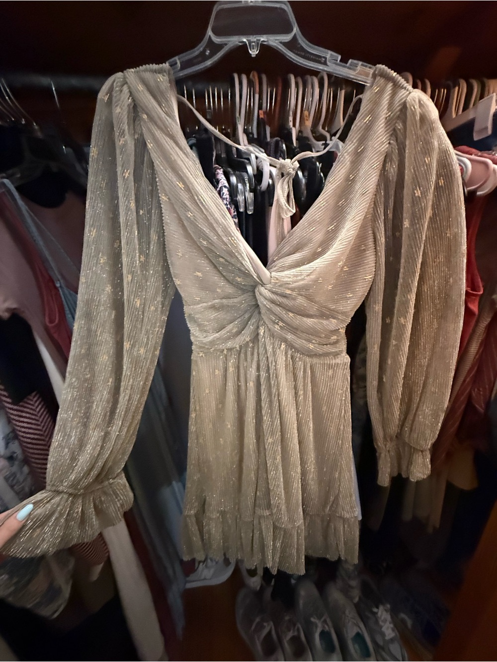 Storia Gold Twist-Front Long Sleeve Mini Dress